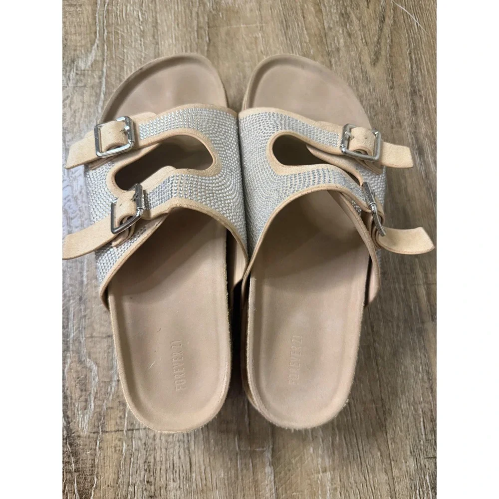 Forever 21 Rhinestone Platform Slide Sandals Tan Beige Double Buckle Size 8